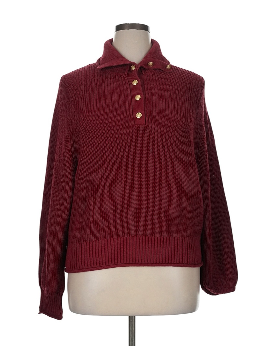 J. Crew Ribbed Cotton Button Collar Sweater Size XL Cranberry 100% Cotton Cozy